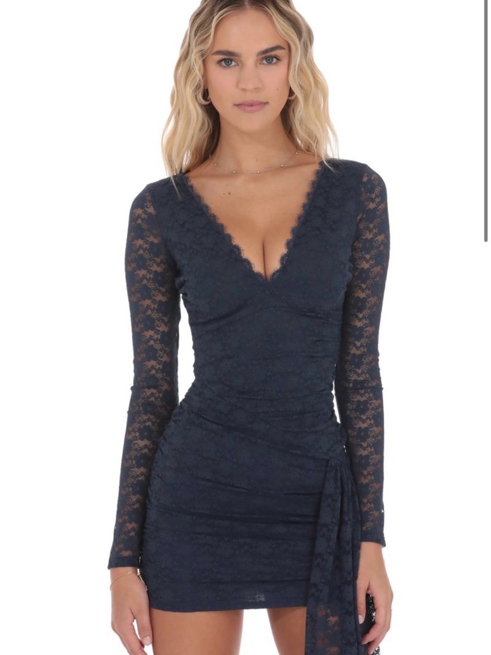 Lucy in the Sky Navy Lace V-Neck Long Sleeve Mini with Side Sash